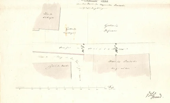 Lageplan des Hauses, gefertigt im Zusammenhang mit Umbauten im Erdgeschoss, 1845. Das Anwesen (rechts unten) ist bezeichnet als „Haus des Pröllochs, Seegmüller“ (StadtA Schwäb. Hall 27/0333)