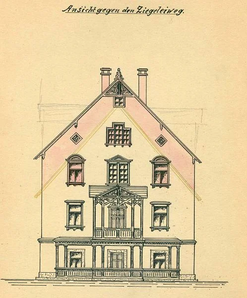 Aufstockung des Gutshauses, 1910: Ansicht der Fassade zum Ziegeleiweg (StadtA SHA 27/329)