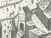 Ausschnitt aus einem Gesellenbrief von 1786 mit einer gedruckten Ansicht der Stadt Schwäbisch Hall. Hier ist der (überdimensionierte) Durchgang unter dem Schulhaus zum Holzmarkt erkennbar (StadtA Schwäb. Hall S10/2248)