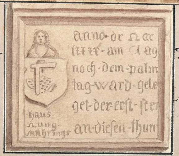 Die Bauinschrift am Pulverturm. Zeichnung von Peter Koch, 1868 (StadtA Schwäb. Hall S10/0313)