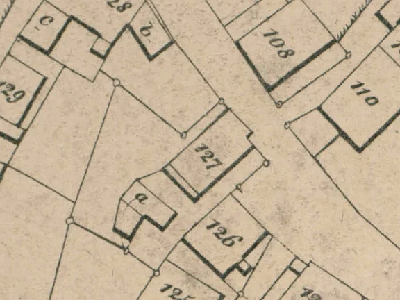Ausschnitt aus dem Primärkataster  von 1827.  Das Haus hat die Nummer 127 (StadtA Schwäb. Hall S13/0842)