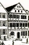 Auf einem Briefkopf der benachbarten Wirtschaft zum Goldenen Hirsch, vor 1863 und vor dem Umbau der Fassade (StadtA Schwäb. Hall FS 08215)