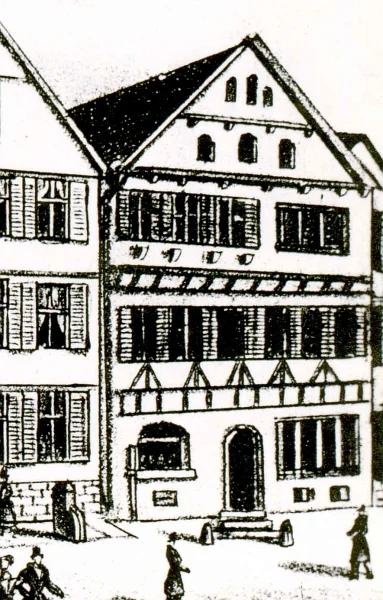 Auf einem Briefkopf der benachbarten Wirtschaft zum Goldenen Hirsch, vor 1863 und vor dem Umbau der Fassade (StadtA Schwäb. Hall FS 08215)