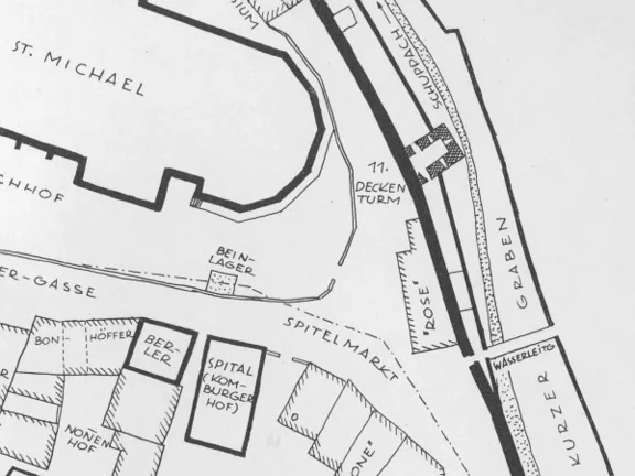 Ausschnitt aus einem Plan der Stadtbefestigungen am Kurzen Graben. Aus: Eduard Krüger: Die Stadtbefestigungen von Schwäbisch Hall, Schwäbisch Hall 1966, S. 24 angeb.