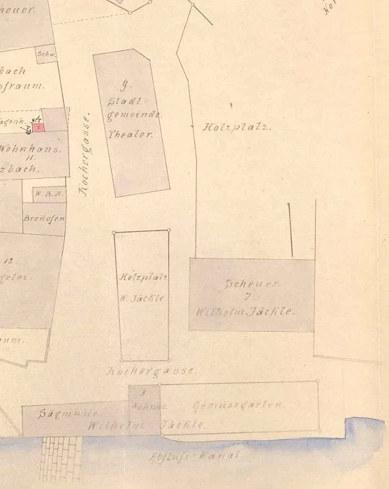 Plan des Gebiets von 1901. Der mit der Nr. 7 bezeichnete Vorgängerbau des heutigen Gebäudes ist rechts zu erkennen und gehörte zu diesem Zeitpunkt Wilhelm Jäckle (Baurechtsamt SHA, Bauakten Im Lindach 11),