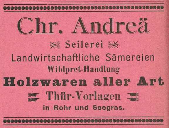Anzeige der Seilerei Andreä von 1901, aus: W. Burkhardt (Bearb.): Adreß- und Geschäfts-Handbuch der Oberamtsstadt Schwäbisch Hall, Schwäbisch Hall 1901, Inseratenanhang, S. 26 (StadtA Schwäb. Hall Bibl. 2947)