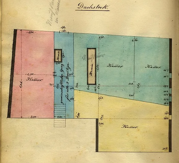 Grundriss des Dachstocks für einen Teilungsplan zwischen den Hausbesitzern Georg Schramm (rot), Georg Melchior Rupp (gelb) und Friedrich Bauer (grün), 1897 (gemeinschaftlicher Besitz: blau) (StadtA SHA 19/1061, Beil. 18)