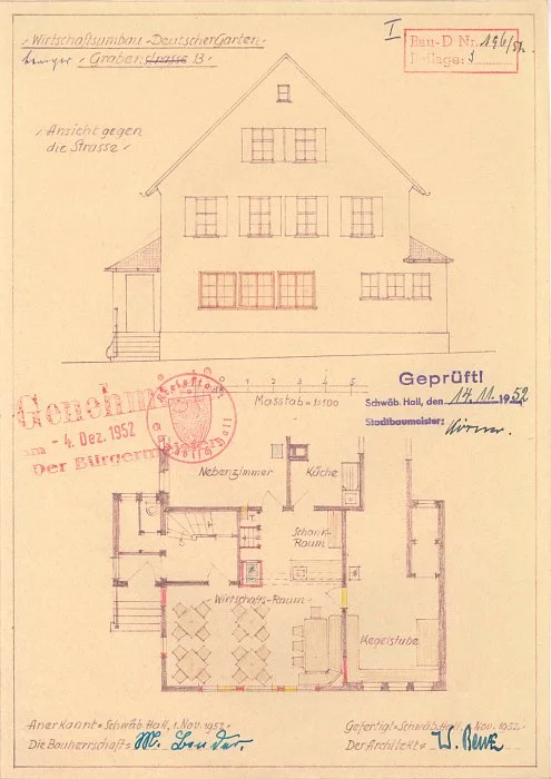 Giebelansicht und Grundriss der Wirtschaftsstube zu Umbauten im Erdgeschoss,1952 (Baurechtsamt SHA, Bauakten Langer Graben 13 und 13/1)