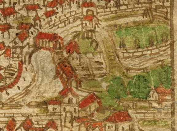 Ausschnitt aus einer Stadtansicht in der „Dötschmann-Chronik“, um 1600, die Schießhütte ist hier im rechten unteren Eck erkennbar (StadtA Schwäb. Hall S09/10, Bl. 3r)