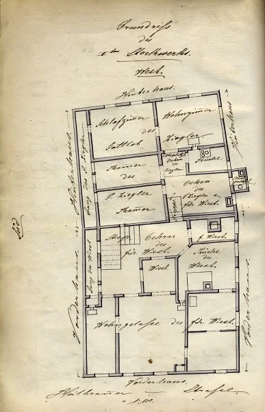 Grundriss des I. Stocks auf einem Teilungsplan der Hausbesitzer Gottlob Ziegler und Friedrich Wiest, 1875 (StadtA SHA  19/1069)