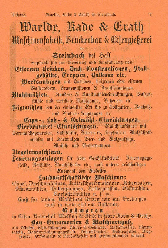 Das Inserat der Firma Waelde, Kade & Erath aus dem Schwäbisch Haller Adressbuch von 1886 zeigt die Vielfalt der Produktpalette (StadtA Schwäb. Hall Bibl. 1813)