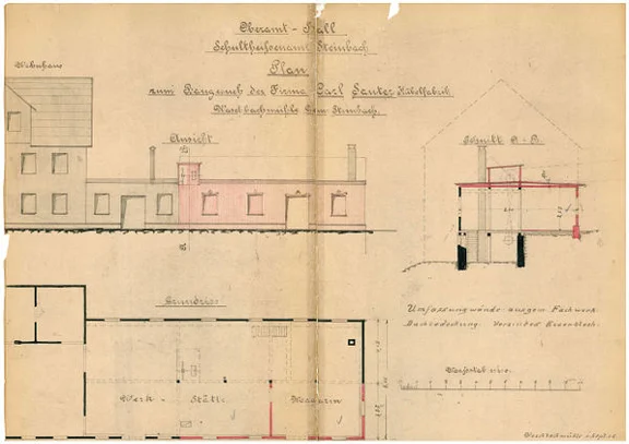 Ansichten, Schnitte und Grundrisse für einen Werkstattanbau, 1905 (StadtA Schwäb. Hall 27/515)