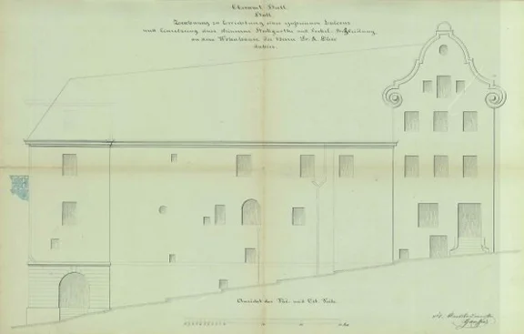 Ansicht der Westseite für den Anbau eines gusseisernen Balkons, 1865 (Baurechtsamt SHA, Bauakten)