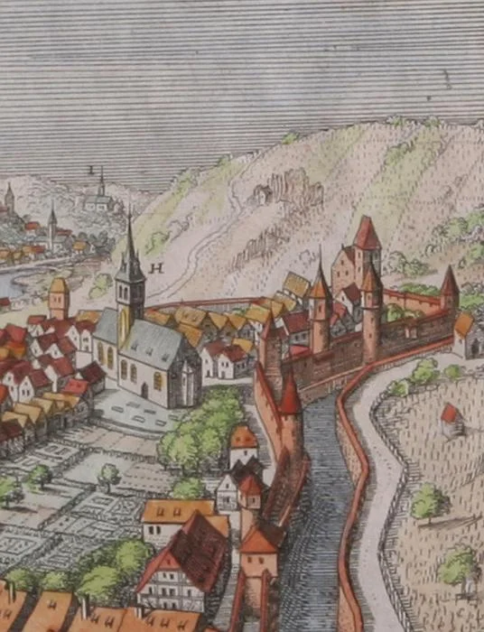Die Katharinenvorstadt mit dem Riedener Tor (der hohe Turm in der Mitte rechts) auf der Stadtansicht von Matthäus Merian nach Vorlage von Leonhard Kern (StadtA SHA S10/510).