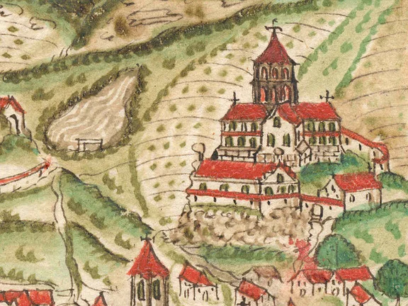 Ausschnitt aus einer Ansicht der Comburg in der illustrierten Handschrift einer Schwäbisch Haller Chronik nach Georg Widman und Johann Herolt, kolorierte Federzeichnung um 1600 (StadtA Schwäb. Hall 4/4, Bl. 83r)