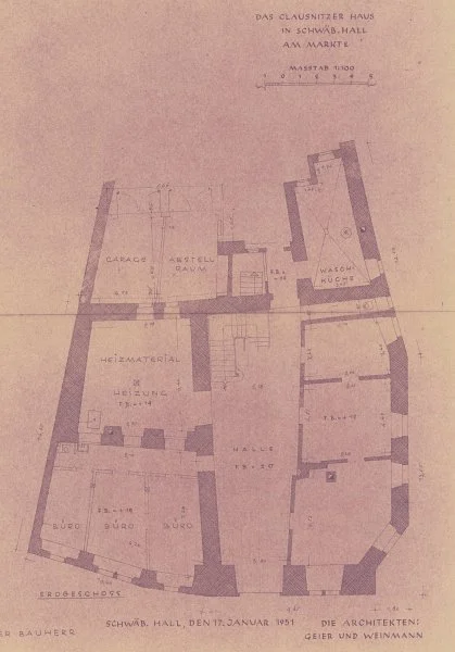 Grundriss des Erdgeschosses, 1951 (Baurechtsamt Schwäbisch Hall, Bauakten Am Markt 2)