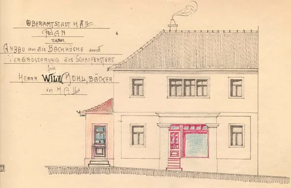 Erweiterung der Backstube und Einbau eines neuen Schaufensters, 1913: Seite zur Bahnhofstraße (Baurechtsamt SHA, Bauakten Bahnhofstraße 12)