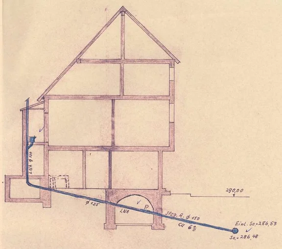 Längsschnitt durch das Haus zum Anschluss an das städtische Dolennetz, 1962 (Baurechtsamt SHA, Bauakten Lange Straße 24)