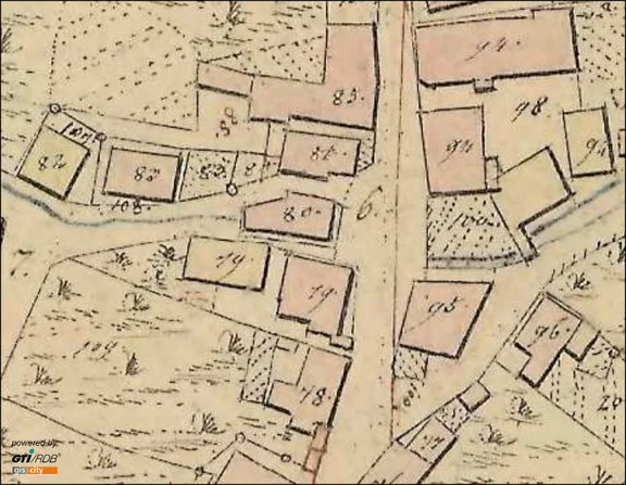 Ausschnitt aus dem Primärkataster von 1827-1830. Das heutige Haus Neustetterstraße 23 liegt in der Bildmitte und hat die Nummer „80“ (Plan: Geodatenportal Schwäbisch Hall /  Stadt Schwäbisch Hall, Fachbereich Planen und Bauen, Abteilung Vermessung)
