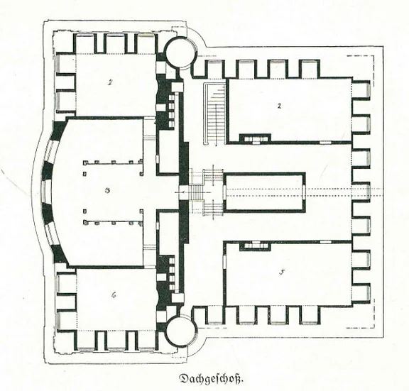 Grundriss des Dachstocks. Aus: Eugen Gradmann (Hrsg.): Die Kunst- und Altertumsdenkmale der Stadt und des Oberamtes Schwäbisch-Hall, Esslingen 1907, S. 76 angeb.
