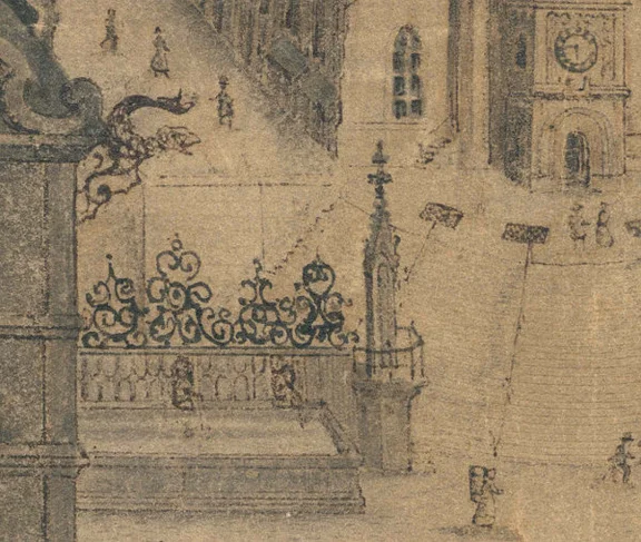 Ausschnitt aus einer Vignette zur Stadtansicht von Johann Conrad Körner. Lavierte Tuschzeichnung von 1755 (StadtA Schwäb. Hall S10/0791)