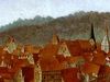 Ausschnitt aus dem Gemälde  von Hans Schreyer im Haalamt (Im Haal 2), 1643. Die in der Bildmitte sichtbare Turmspitze gehört - vermutlich - zum  „Beyschlag“-Turm, Foto: Jürgen Weller, Fotograf (StadtA SHA DIG 1170)