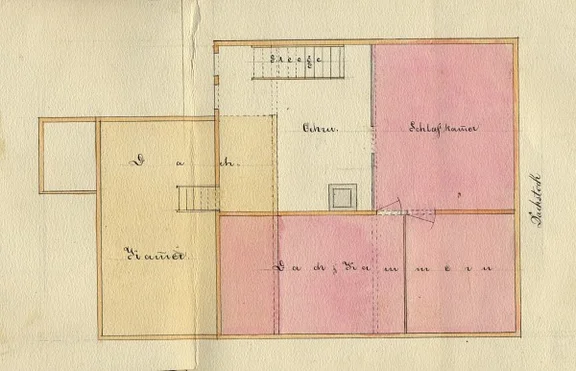 Grundriss des Dachstocks in einem Teilungsplan der Hausbesitzer Johann Kraft  (gelb) und Johann Hornung (rot), 1869 (StadtA Schwäb. Hall  19/1064 Beil. 20)