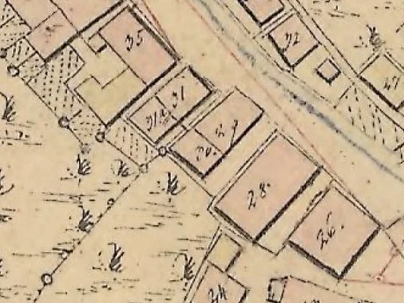 Ausschnitt aus dem Primärkataster 1827-1830. PKN 30 ist hinten an PKN 29 angebaut und bildet mit diesem Haus zusammen heute das Anwesen Hessentaler Straß 28 (Plan: Geodatenportal Schwäbisch Hall /  Stadt Schwäbisch Hall, Fachbereich Planen und Bauen, Abteilung Vermessung).