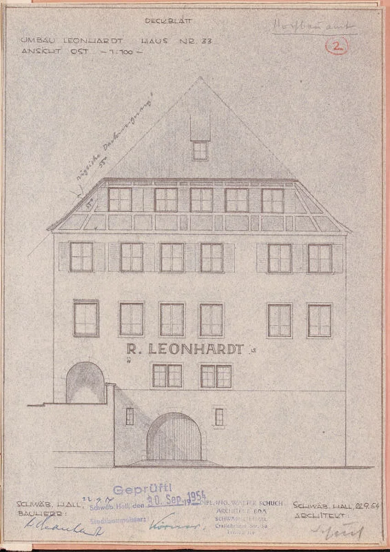 Umbau von 1954/55. Westgiebel zum Kocher nach dem Umbau (Stadt Schwäb. Hall, Baurechtsamt, Bauakten Neue Straße 29-33)