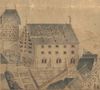 Vignette zur Stadtansicht von Johann Conrad Körner von 1755 mit dem „Neubau“, links daneben der „Folterturm“ mit einem hohen Fachwerkaufbau (StadtA Schwäb. Hall S10/0791)