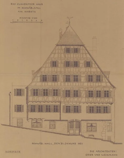 Ansicht der Nordfassade zum Marktplatz, 1951 (Baurechtsamt Schwäbisch Hall, Bauakten Am Markt 2)