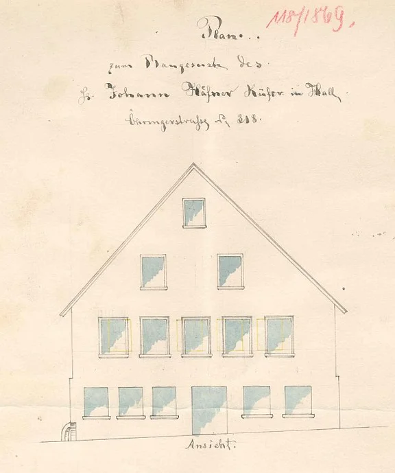 Ansicht der Fassade mit neuen Fenstern im 1. Stock, 1869 (StadtA Schwäb. Hall 27/368)