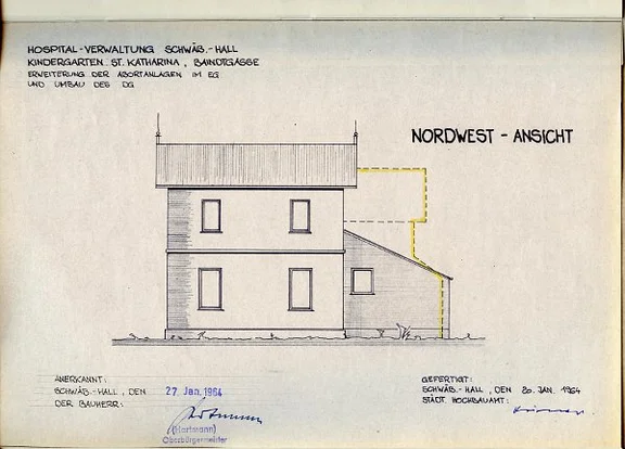 Ansicht der Nordwestseite (Stirnseite) für die Umbauten von 1964 (StadtA SHA 27/0112)