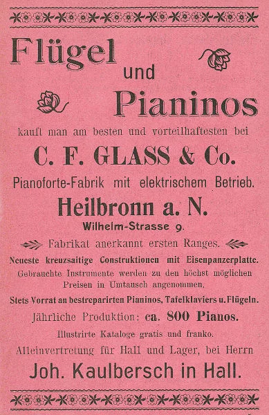 Separate Anzeige für Kaulberschs zweites gewerbliches Standbein, eine Klavierhandlung, aus: W. Burkhardt (Bearb.): Adreß- und Geschäfts-Handbuch der Oberamtsstadt Schwäbisch Hall, Schwäbisch Hall 1901, Inseratenanhang, S. 33(StadtA Schwäb. Hall Bibl. 2947)