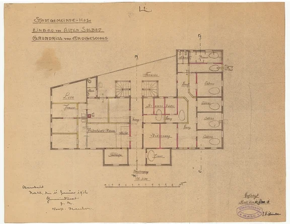 Grundriss des Erdgeschosses zu verschiedenen Umbauten im „Solbad-Hotel“, 1916 (StadtA Schwäb. Hall 27/500)