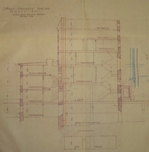Umbau der Geschäftsräume im Erdgeschoss: Schnitt durch den Altbau, 1952 (Baurechtsamt Schwäb. Hall, Bauakten)