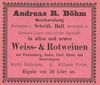 Anzeige einer wohl nur vorübergehend im Widmanhaus angesiedelten Weinhandlung von 1901 aus: W. Burkhardt (Bearb.): Adreß- und Geschäfts-Handbuch der Oberamtsstadt Schwäbisch Hall, Schwäbisch Hall 1901, Inseratenanhang, S. 21 (StadtA Schwäb. Hall Bibl. 2947)