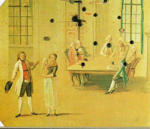 Verhandlung einer Vaterschaftsklage im Rathaus auf einer ebenfalls 1790 durch den Ratsadvokat Bonhöffer gestifteten Schützenscheibe. Aus: Heinrich Mehl, Hans-Jürgen Flamm: Haller Schützenscheiben, Sigmaringen 1985, Abb. 60