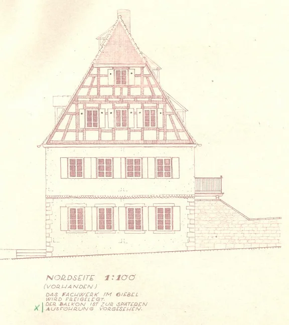 Plan der Fassade zum Wiederaufbau des Hauses, 1946. Die vorgesehene Freilegung des Fachwerks fand nicht statt (Baurechtsamt SHA, Bauakten).
