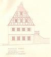 Plan der Fassade zum Wiederaufbau des Hauses, 1946. Die vorgesehene Freilegung des Fachwerks fand nicht statt (Baurechtsamt SHA, Bauakten).