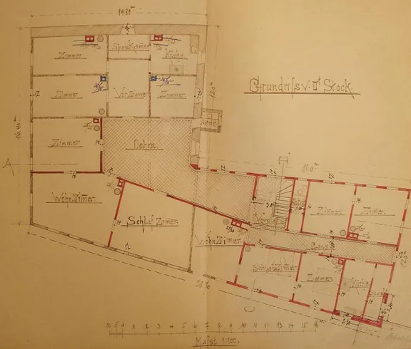 Plan des Obergeschosses für den Umbau in die Gewerbebank, 1897 (Baurechtsamt Schwäb. Hall, Bauakten Marktstraße 17)