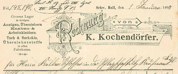 Briefkopf des im Haus ansässigen Textilgeschäfts von K. Kochendörfer, 1897 (StadtA Schwäb. Hall 61/1779)