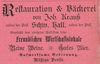 Anzeige der „Restauration & Bäckerei“ von Johann Krauß aus dem Jahr 1901, aus: W. Burkhardt (Bearb.): Adreß- und Geschäfts-Handbuch der Oberamtsstadt Schwäbisch Hall, Schwäbisch Hall 1901, Inseratenanhang, S. 38 (StadtA Schwäb. Hall Bibl. 2947)