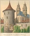 „Partie an der Ostseite der Mauer in Comburg“, kolorierte Zeichnung von Peter Koch, 1877 (StadtA Schwäb. Hall S10/318)