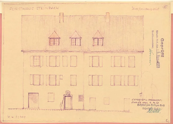 Skizze der Straßenseite zum Einbau von Wohnungen durch die Hospitalstiftung, 1953 (Stadt Schwäb. Hall, Baurechtsamt, Bauakten Hessentaler Straße 9)