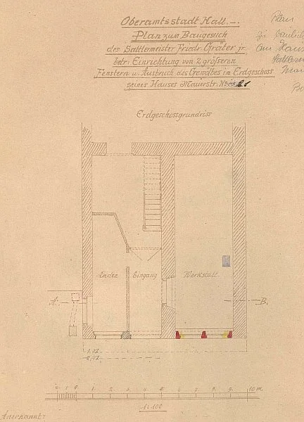 Grundriss zum Umbau der Werkstatt im Erdgeschoss, 1921 (Baurechtsamt Schwäb. Hall, Bauakten)