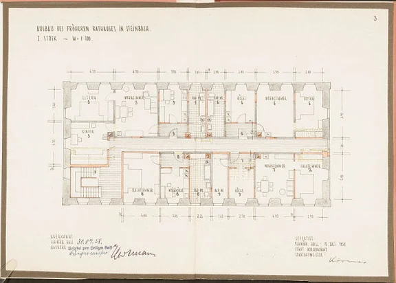 Plan der geplanten Umbauten im Obergeschoss, 1958 (Baurechtsamt Schwäb. Hall, Bauakten)