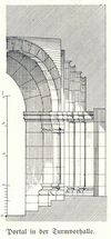 Portal der Turmvorhalle. Aus: Eugen Gradmann (Hrsg.): Die Kunst- und Altertumsdenkmale der Stadt und des Oberamtes Schwäbisch-Hall, Esslingen 1907, S. 20 angeb.