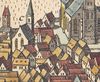 Ausschnitt aus der Stadtansicht von Matthäus Merian nach Leonhard Kern, kolorierter Kupferstich aus der „Topographia Suevia“ von 1643.  Auch hier ist die Zuordnung schwieriger, wahrscheinlich handelt es sich um eines der beiden zum Marktplatz hin giebelständigen Häuser direkt rechts vom Turm der Kapelle St. Maria am Schuppach (StadtA Schwäb. Hall S10/0506)