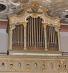 Die durch Anna Catharina Hezel geb. Bölz gestiftete und 1739 eingeweihte Orgel von Johann Adam Haug. Foto: Dietmar Hencke, 2018 (StadtA Schwäb. Hall DIG 10621)